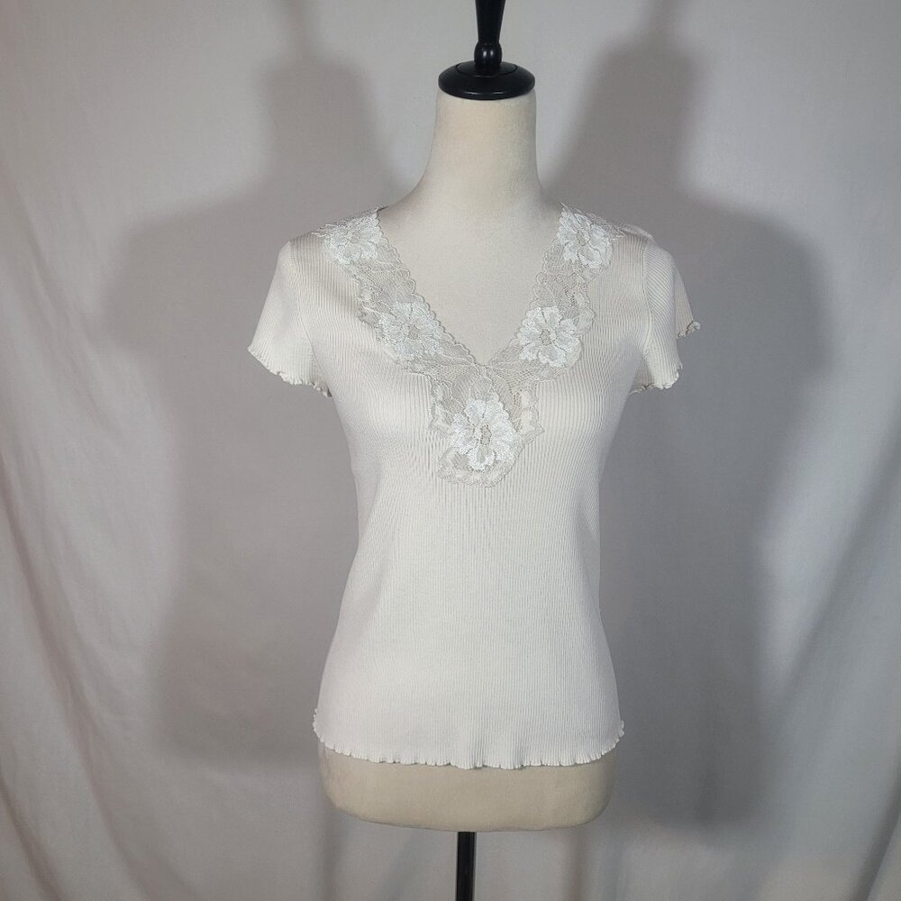 White Calvin Klein Rib Knit Lace Trimmed Blouse